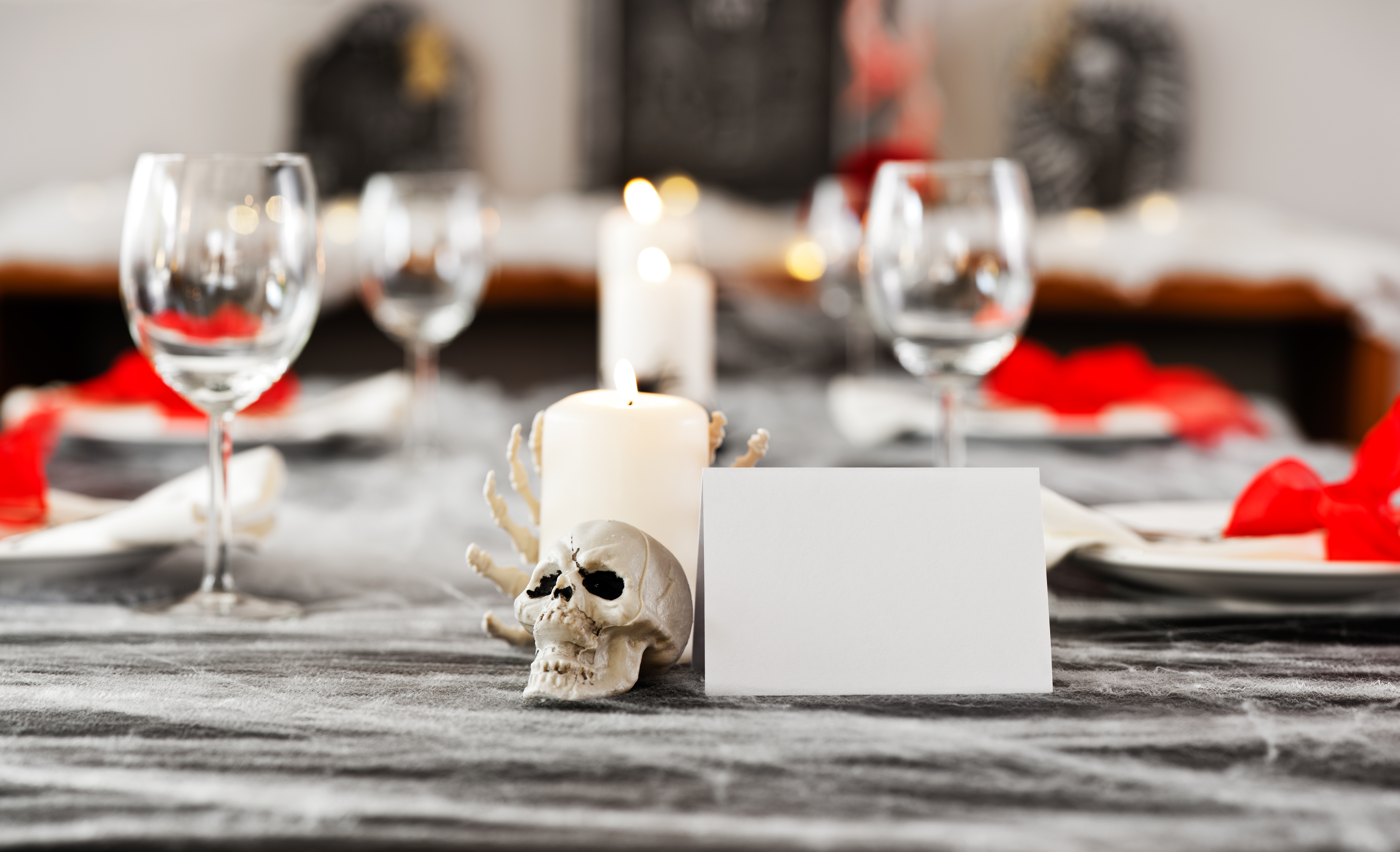 Halloween dinner table setting with white place card